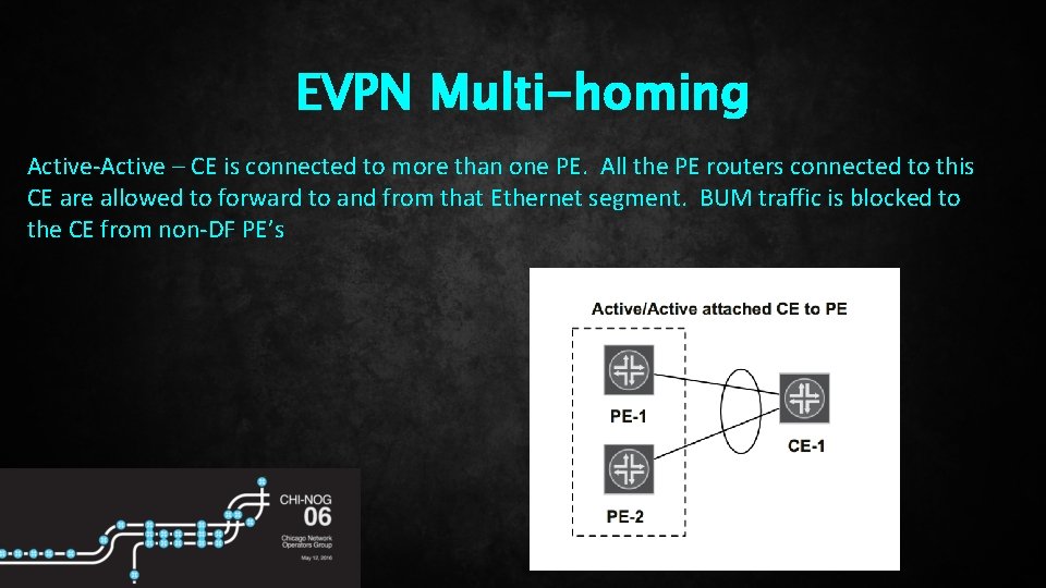 EVPN Multi-homing Active-Active – CE is connected to more than one PE. All the