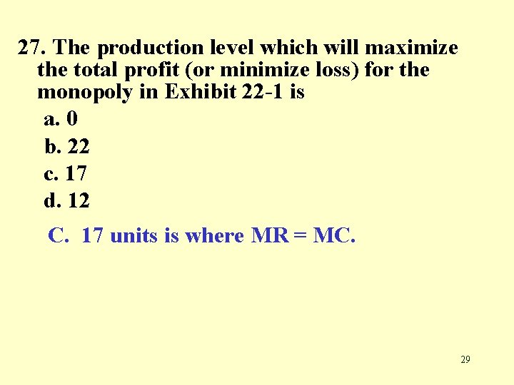 27. The production level which will maximize the total profit (or minimize loss) for