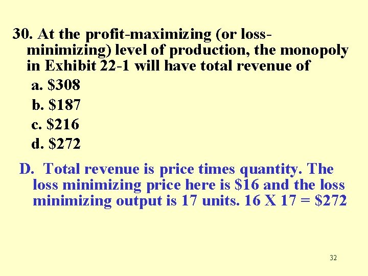 30. At the profit-maximizing (or lossminimizing) level of production, the monopoly in Exhibit 22