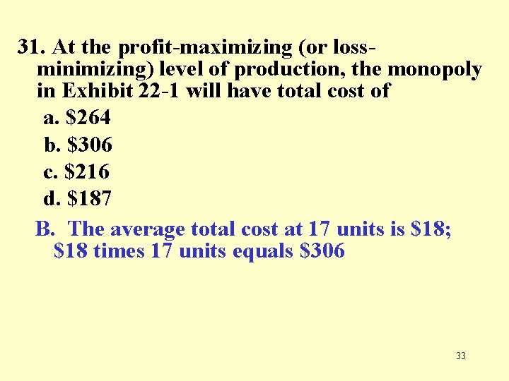 31. At the profit-maximizing (or lossminimizing) level of production, the monopoly in Exhibit 22