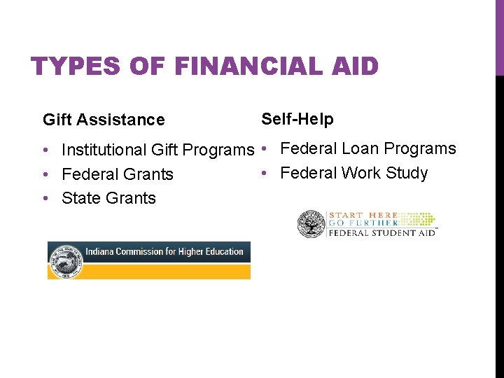 TYPES OF FINANCIAL AID Gift Assistance Self-Help • Institutional Gift Programs • Federal Loan