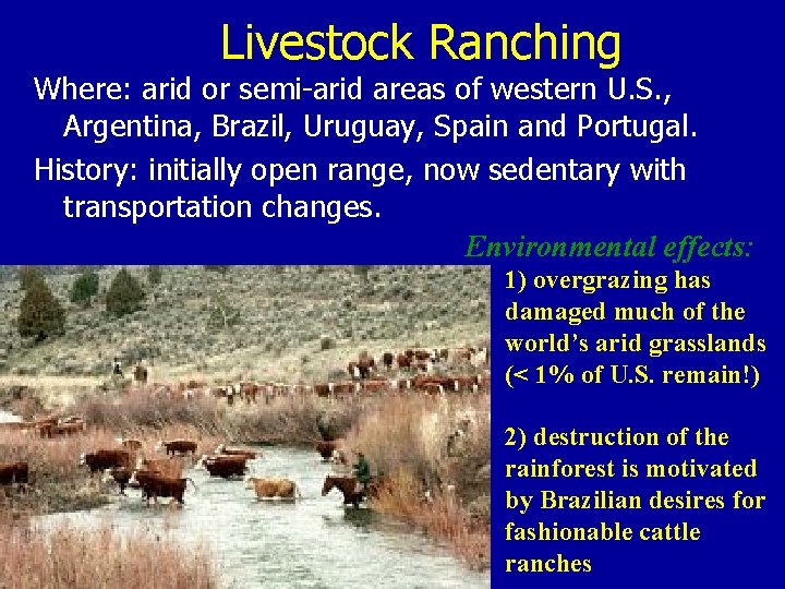 Livestock Ranching Where: arid or semi-arid areas of western U. S. , Argentina, Brazil,