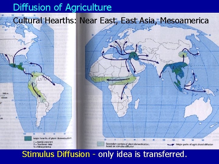 Diffusion of Agriculture Cultural Hearths: Near East, East Asia, Mesoamerica Stimulus Diffusion - only