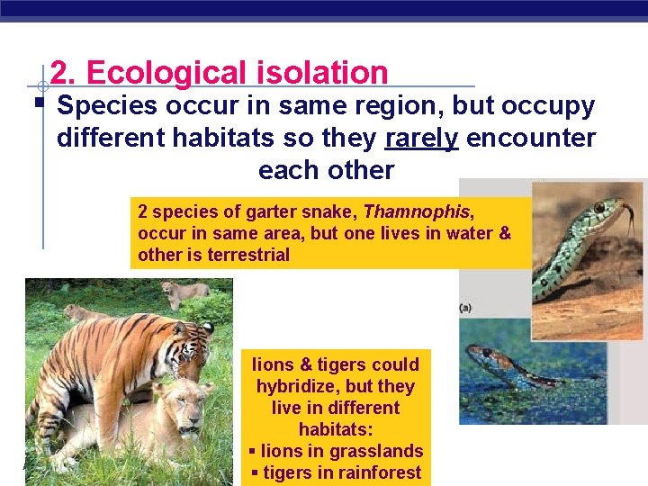 2. Ecological isolation § Species occur in same region, but occupy different habitats so