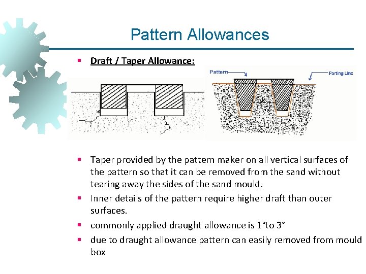 Pattern Allowances § Draft / Taper Allowance: § Taper provided by the pattern maker Pattern Allowances § Draft / Taper Allowance: § Taper provided by the pattern maker