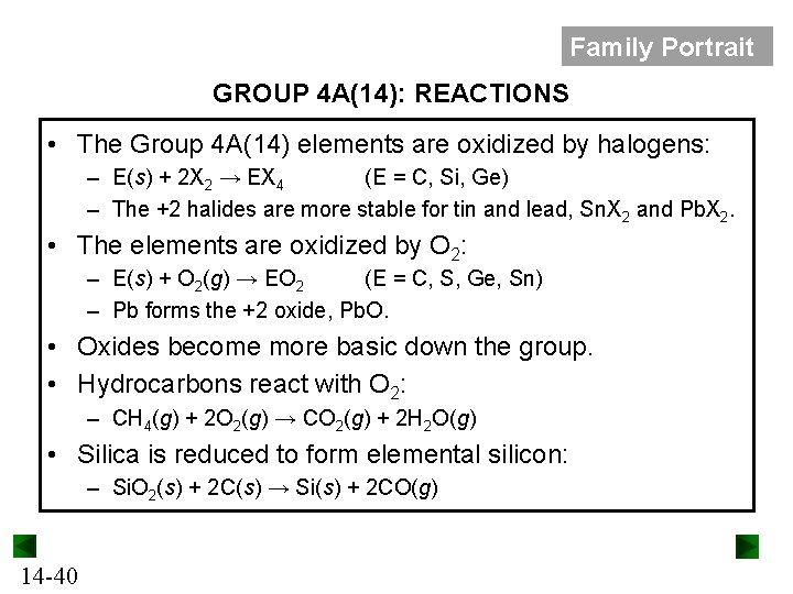 Family Portrait GROUP 4 A(14): REACTIONS • The Group 4 A(14) elements are oxidized