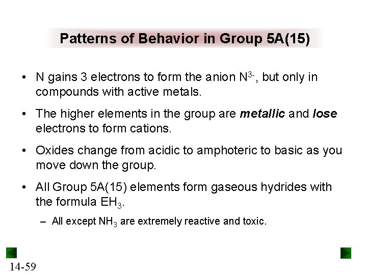 Patterns of Behavior in Group 5 A(15) • N gains 3 electrons to form