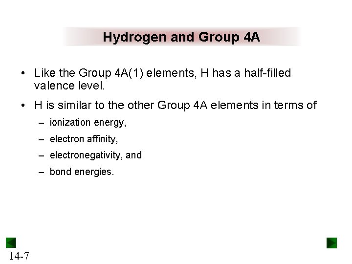 Hydrogen and Group 4 A • Like the Group 4 A(1) elements, H has