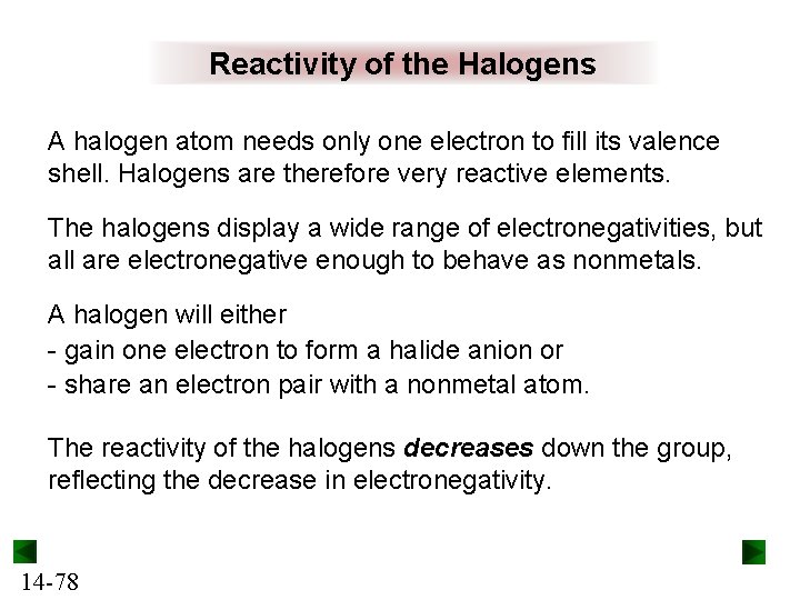 Reactivity of the Halogens A halogen atom needs only one electron to fill its
