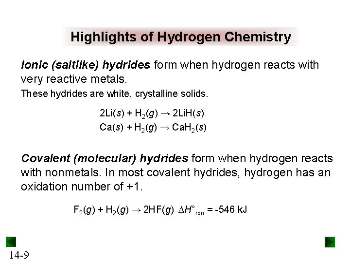 Highlights of Hydrogen Chemistry Ionic (saltlike) hydrides form when hydrogen reacts with very reactive
