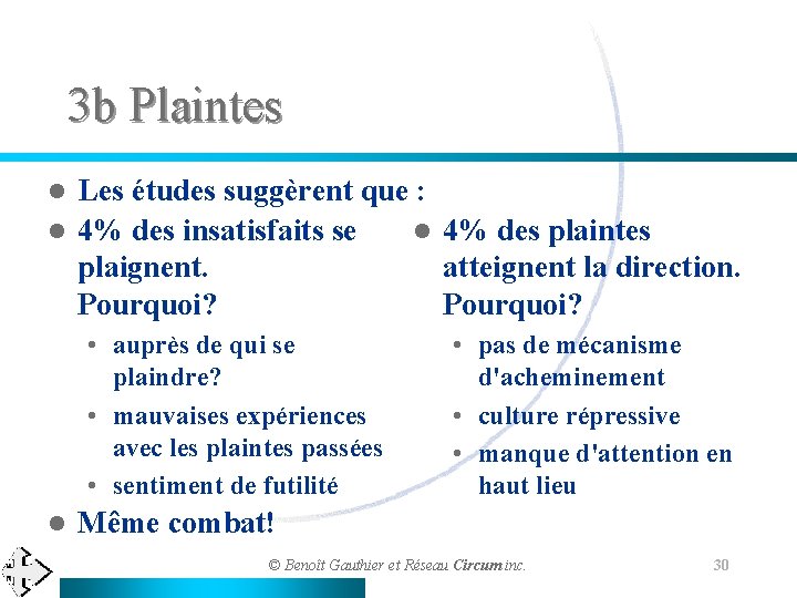 3 b Plaintes Les études suggèrent que : l 4% des insatisfaits se l