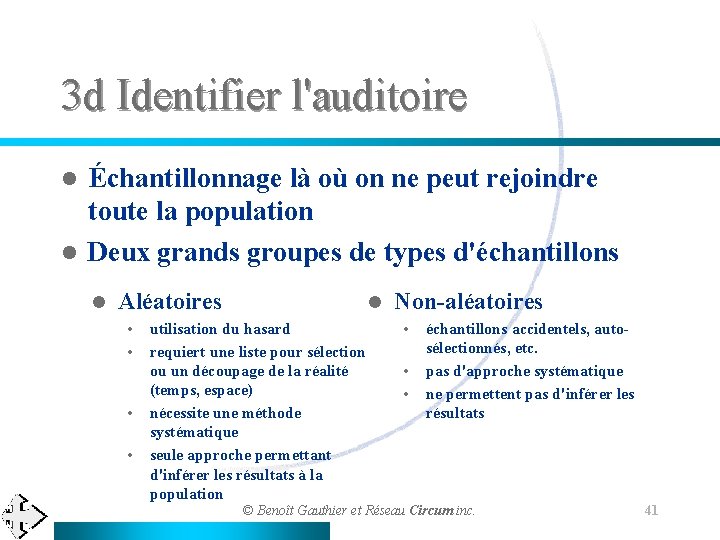 3 d Identifier l'auditoire Échantillonnage là où on ne peut rejoindre toute la population