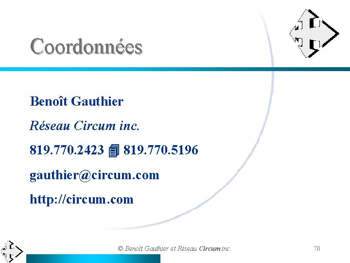 Coordonnées Benoît Gauthier Réseau Circum inc. 819. 770. 2423 4 819. 770. 5196 gauthier@circum.