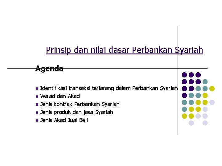 Prinsip dan nilai dasar Perbankan Syariah Agenda l l l Identifikasi transaksi terlarang dalam