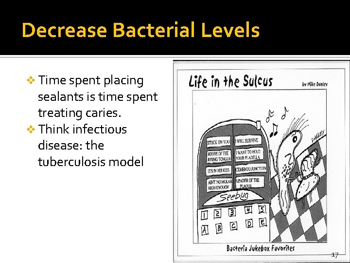 Decrease Bacterial Levels v Time spent placing sealants is time spent treating caries. v