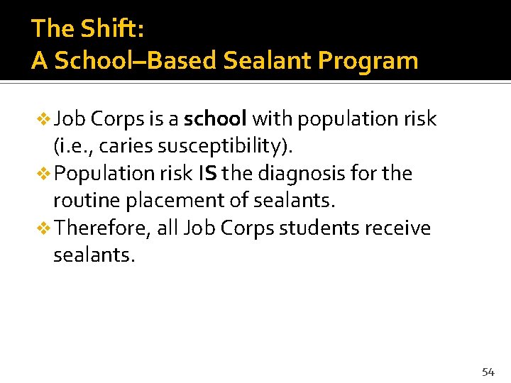 The Shift: A School–Based Sealant Program v Job Corps is a school with population