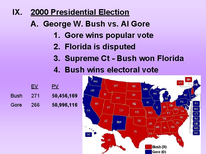 IX. 2000 Presidential Election A. George W. Bush vs. Al Gore 1. Gore wins