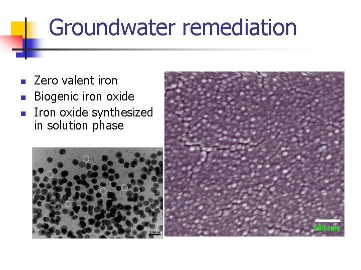 Groundwater remediation n Zero valent iron Biogenic iron oxide Iron oxide synthesized in solution