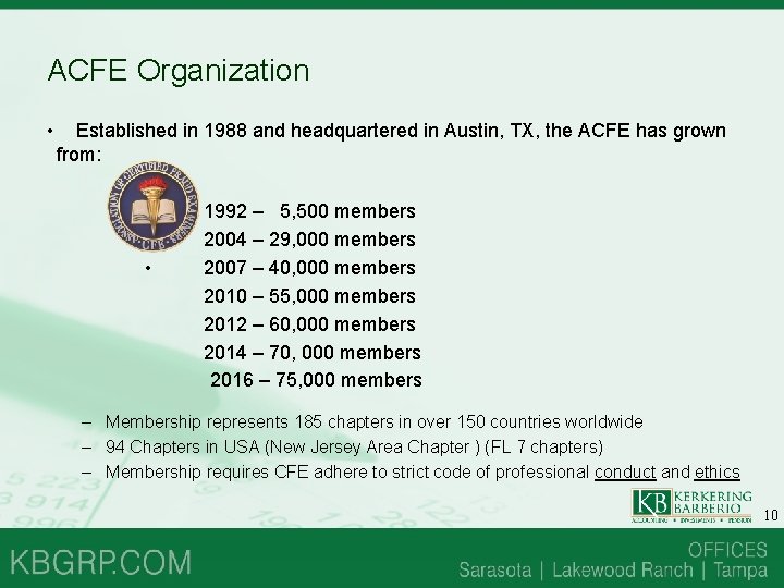 ACFE Organization • Established in 1988 and headquartered in Austin, TX, the ACFE has ACFE Organization • Established in 1988 and headquartered in Austin, TX, the ACFE has