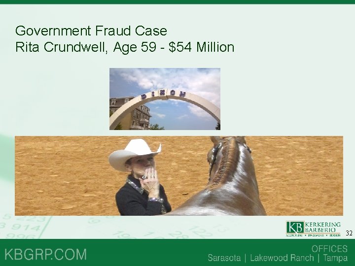 Government Fraud Case Rita Crundwell, Age 59 - $54 Million 32 Government Fraud Case Rita Crundwell, Age 59 - $54 Million 32