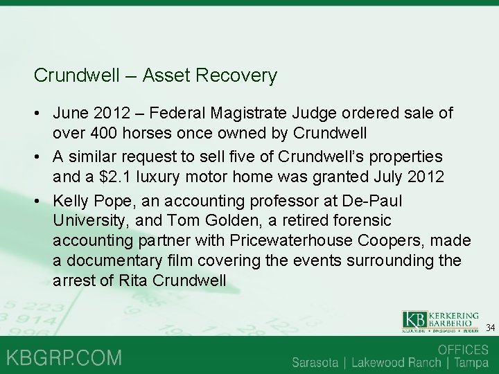 Crundwell – Asset Recovery • June 2012 – Federal Magistrate Judge ordered sale of Crundwell – Asset Recovery • June 2012 – Federal Magistrate Judge ordered sale of