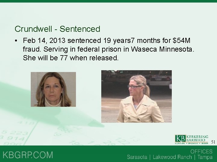 Crundwell - Sentenced • Feb 14, 2013 sentenced 19 years 7 months for $54 Crundwell - Sentenced • Feb 14, 2013 sentenced 19 years 7 months for $54