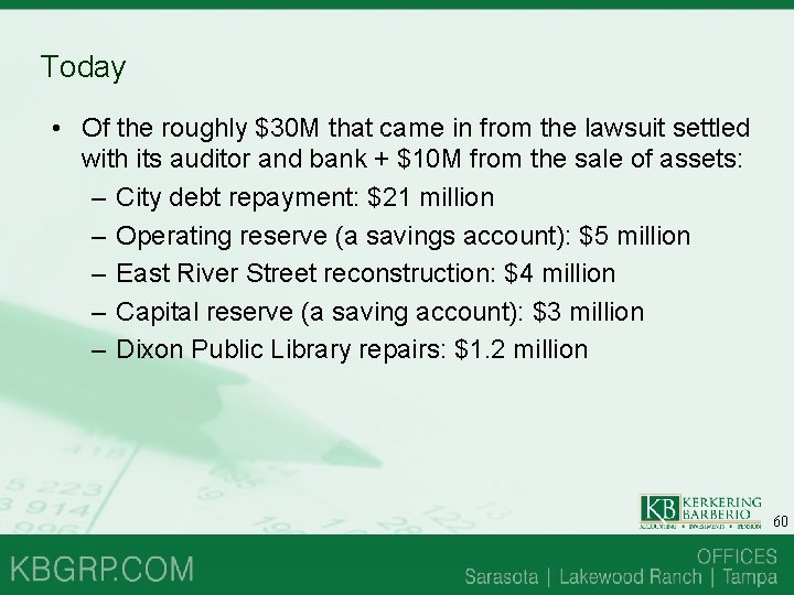 Today • Of the roughly $30 M that came in from the lawsuit settled Today • Of the roughly $30 M that came in from the lawsuit settled