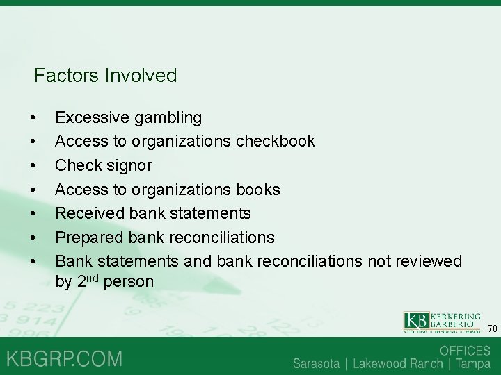 Factors Involved • • Excessive gambling Access to organizations checkbook Check signor Access to Factors Involved • • Excessive gambling Access to organizations checkbook Check signor Access to