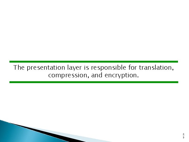 The presentation layer is responsible for translation, compression, and encryption. 2. 3 