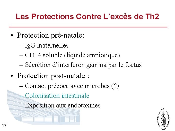 Les Protections Contre L’excès de Th 2 • Protection pré-natale: – Ig. G maternelles