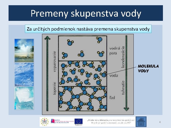 Premeny skupenstva vody Za určitých podmienok nastáva premena skupenstva vody MOLEKULA VODY 4 