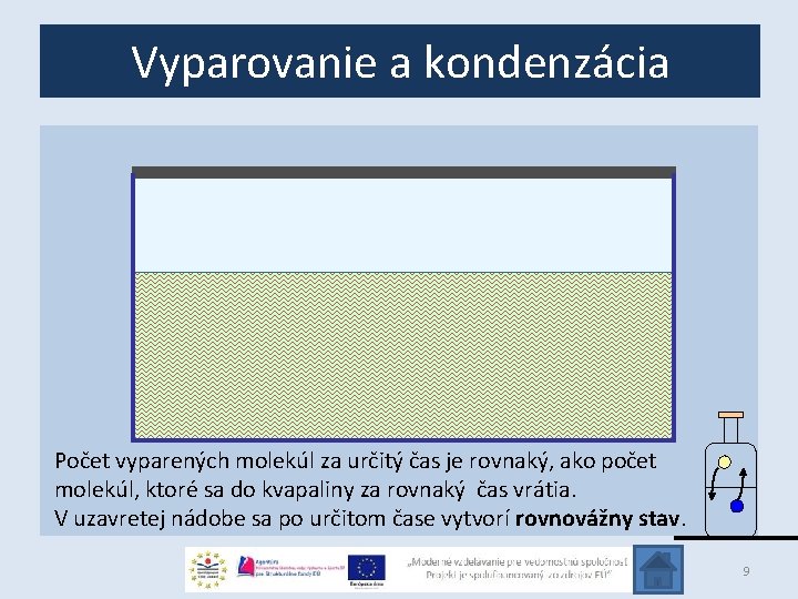 Vyparovanie a kondenzácia Počet vyparených molekúl za určitý čas je rovnaký, ako počet molekúl,