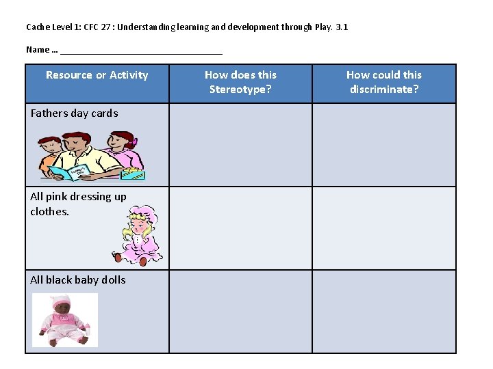 Cache Level 1: CFC 27 : Understanding learning and development through Play. 3. 1