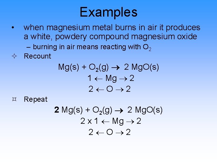 Examples • when magnesium metal burns in air it produces a white, powdery compound
