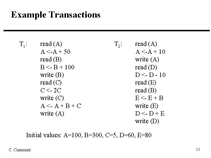 Example Transactions T 1: read (A) A <-A + 50 read (B) B <-