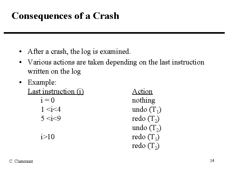 Consequences of a Crash • After a crash, the log is examined. • Various