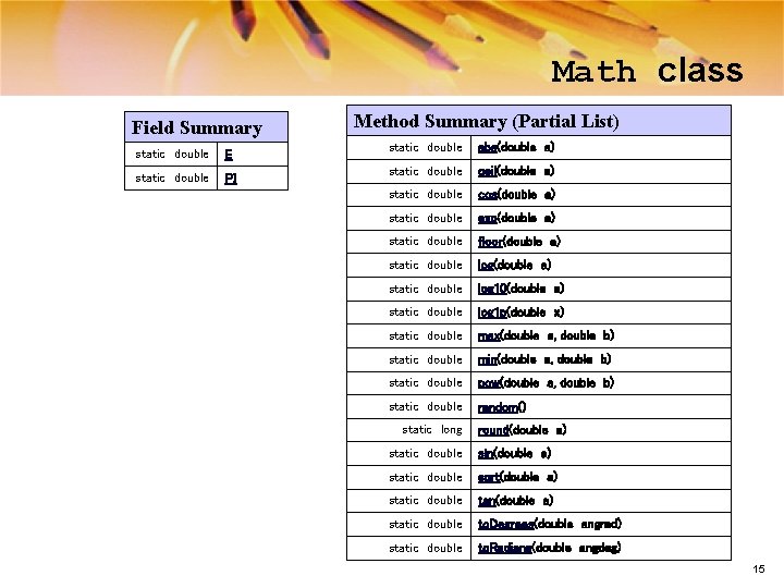 Math class Field Summary static double E static double PI Method Summary (Partial List)