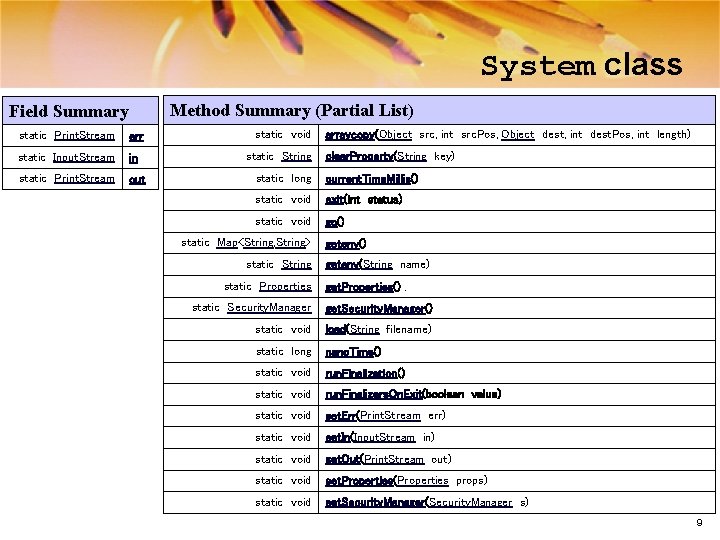 System class Method Summary (Partial List) Field Summary static Print. Stream err static Input.