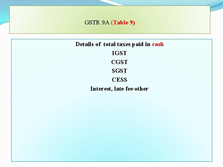 GSTR 9 A (Table 9) Details of total taxes paid in cash IGST CGST