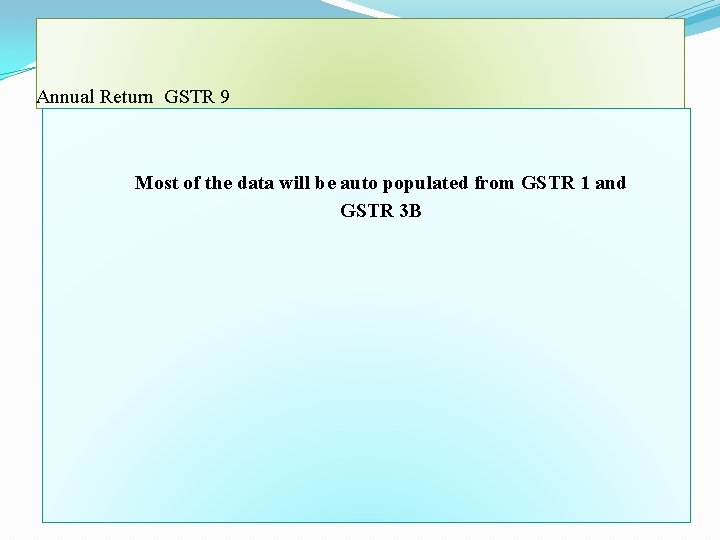 Annual Return GSTR 9 Most of the data will be auto populated from GSTR