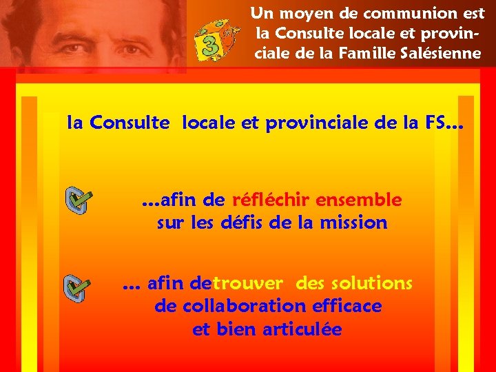 Un moyen de communion est la Consulte locale et provinciale de la Famille Salésienne