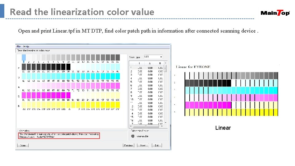 Read the linearization color value Open and print Linear. tpf in MT DTP, find