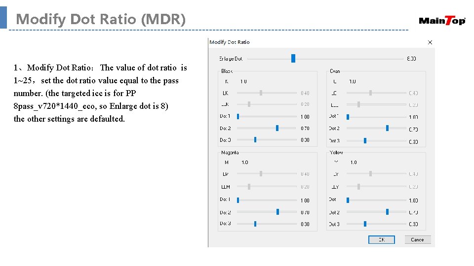 Modify Dot Ratio (MDR) 1、Modify Dot Ratio：The value of dot ratio is 1~25，set the