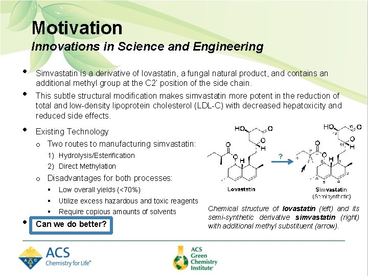 Motivation Innovations in Science and Engineering • • • Simvastatin is a derivative of