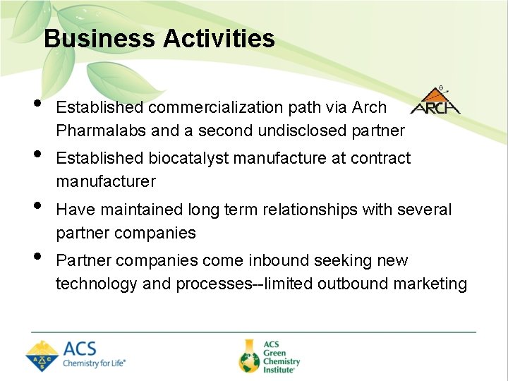 Business Activities • • Established commercialization path via Arch Pharmalabs and a second undisclosed