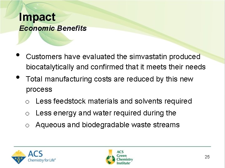 Impact Economic Benefits • • Customers have evaluated the simvastatin produced biocatalytically and confirmed