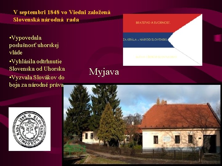V septembri 1848 vo Viedni založená Slovenská národná rada • Vypovedala poslušnosť uhorskej vláde
