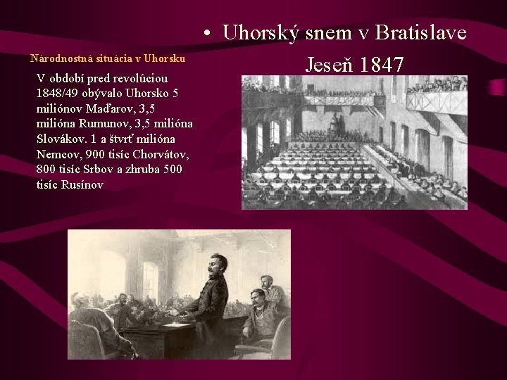 Národnostná situácia v Uhorsku V období pred revolúciou 1848/49 obývalo Uhorsko 5 miliónov Maďarov,