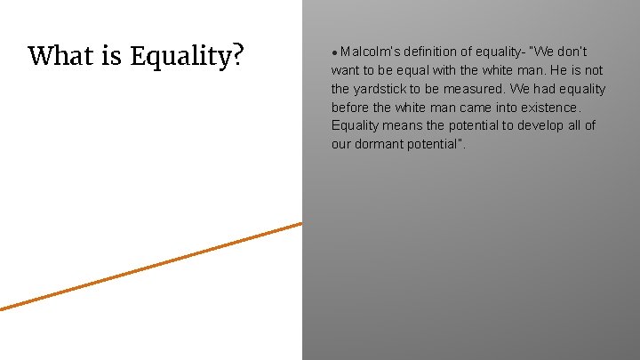 What is Equality? ● Malcolm’s definition of equality- “We don’t want to be equal