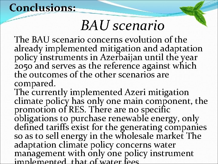 Conclusions: BAU scenario The BAU scenario concerns evolution of the already implemented mitigation and